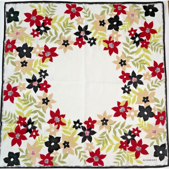 Burberry Scarf Plaid Nova Check Pattern w Red Black Flowers Floral Cotton - Picture 3 of 9
